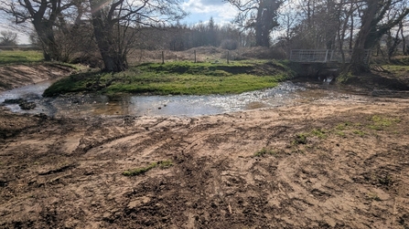 A view of the stream over the smoothed soil in the foreground