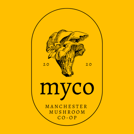Yellow background with myco manchester mushroom co-op logo