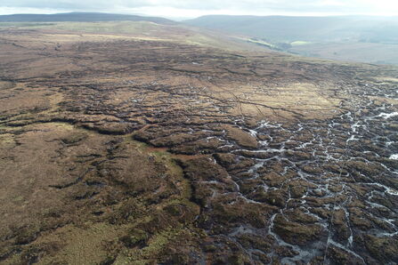 A peatland from the air showing bare peat and eroded gullies
