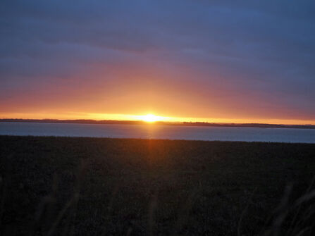 Sunset at Paull Holme Strays. The yellow sun is about to disappear below the horizon, and the sky above it is orange and pink.