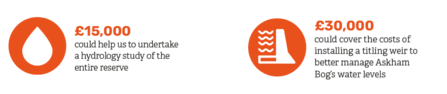 Image shows two orange circles on a white background. The left circle contains a white water droplet icon, and reads "£15,000 could help us to undertake a hydrology study of the entire reserve". The right circle contains a white icon resembling a dam, and reads "£30,000 could cover the costs of installing a titling weir to better manage Askham Bog's water levels".