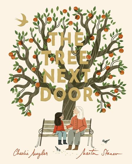 A book cover with an illustrated tree and two people sat on a bench in front of it