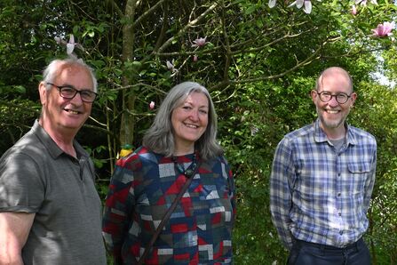 Alastair Fitter (Left), Rachael Bice, Nick Perks in Alastair’s garden 2nd May 2