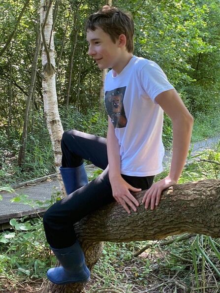 A young boy in a white t-shirt sits on a tree