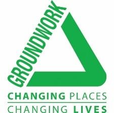 Logo for Groundwork, a triangular shape with the word "GROUNDWORK" in white text inside the left side, and the tagline "CHANGING PLACES CHANGING LIVES" below in green text.
