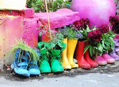 Rainbow welly planters