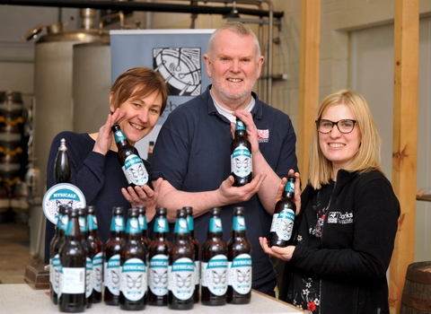 Treboom and Yorkshire Wildlife Trust staff with bottles of Myricale ale