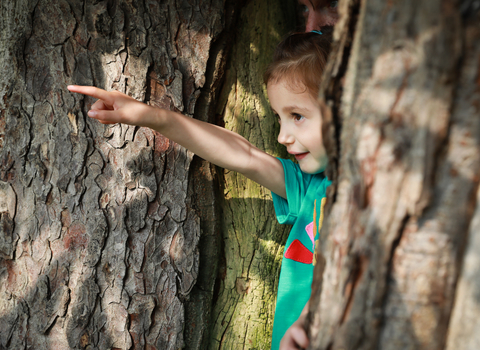 Child pointing from behind a tree