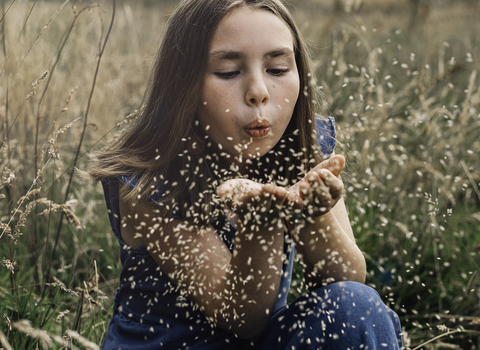 Child in field blowing seeds out of palm