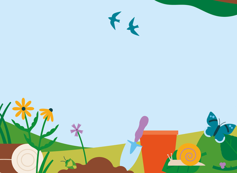 A graphic of a wildlife friendly garden with bird feeders, bird houses and plenty of wildflowers.