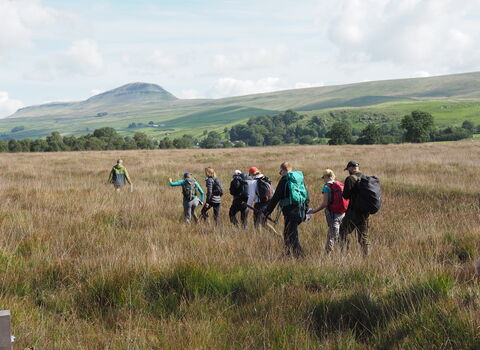 group of people walking across a moor on a guided walk in the Yorkshire Dales