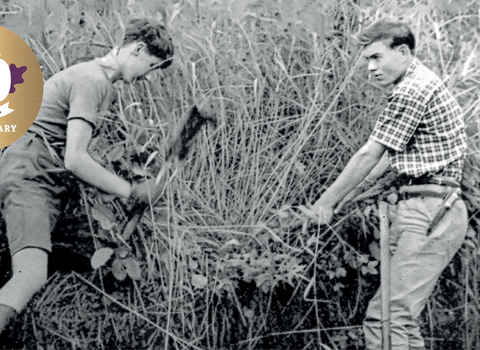 Two young men, likely teenagers, clearing tall grass and brush in a field, captured in black and white with an 80th anniversary logo superimposed in the upper left corner.