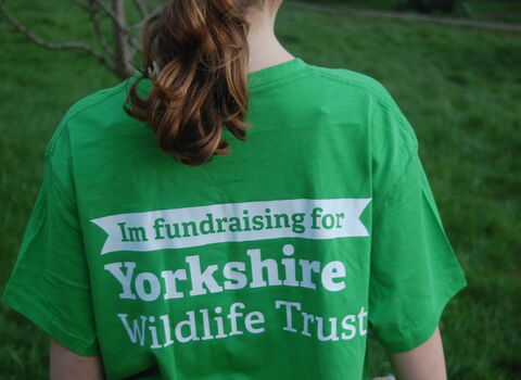 Back view of a person wearing a green t-shirt with "Im fundraising for Yorkshire Wildlife Trust" printed in white. The person has light brown curly hair. Background is blurred green grass and some branches.