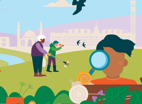 A diverse group of people engage in outdoor activities, including building a birdhouse, cleaning up litter, and observing nature with binoculars and a magnifying glass, with stylized buildings and birds in the background.