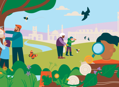 An illustration of people engaging in outdoor community activities like building a birdhouse, cleaning up litter, and observing nature with a magnifying glass, set against a backdrop of stylized buildings and a flowing river.