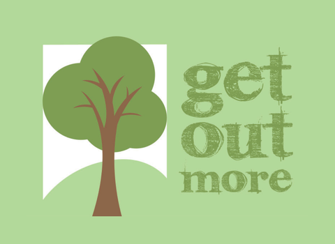 Stylised green tree with brown trunk on the left, and green text reading "get out more" in a rough, textured font on the right, against a light green background.