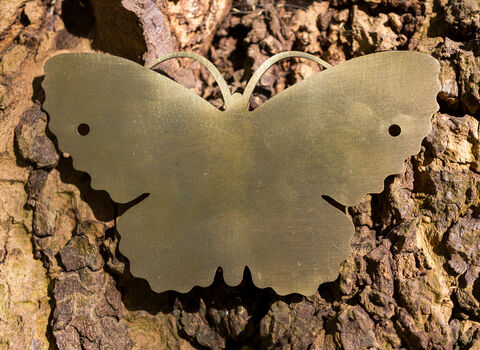 A solid brass butterfly silhouette rests on a rough, brown tree bark background.