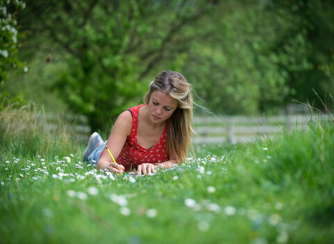 A woman lying on grass covered with daisies, writing. There are trees and bushes visible around her