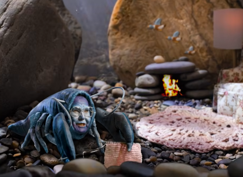 A blue crayfish with a human face wearing glasses is knitting on a rocky shoreline next to a miniature campfire and a floral armchair.