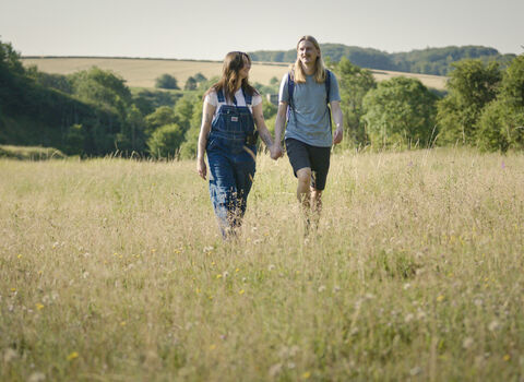 Two individuals walk hand-in-hand across a sun-drenched meadow filled with tall grasses and wildflowers, with rolling green hills and trees in the background under a clear sky.