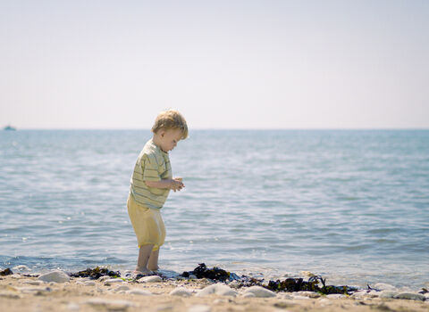 A blond-haired toddler wearing a striped shirt and yellow shorts stands at the edge of the ocean, looking down at something in their hands. The water is calm and blue, with a gentle surf lapping at the sandy shore. In the distance, a small boat is visible on the horizon under a clear, pale sky.
