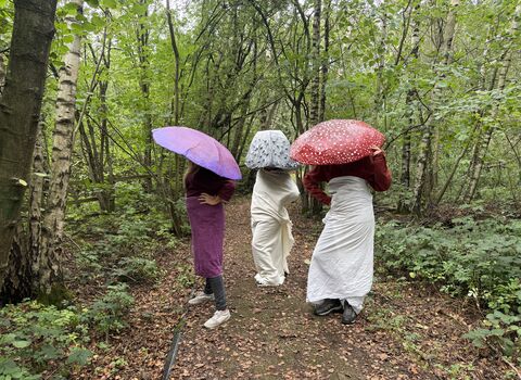 three people dressed as mushrooms stand in a forest 
